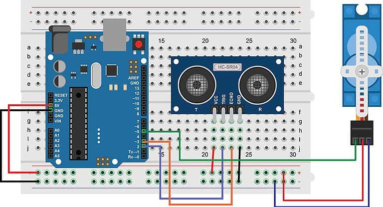 An Arduino project with a servo motor and an ultrasonic sensor
