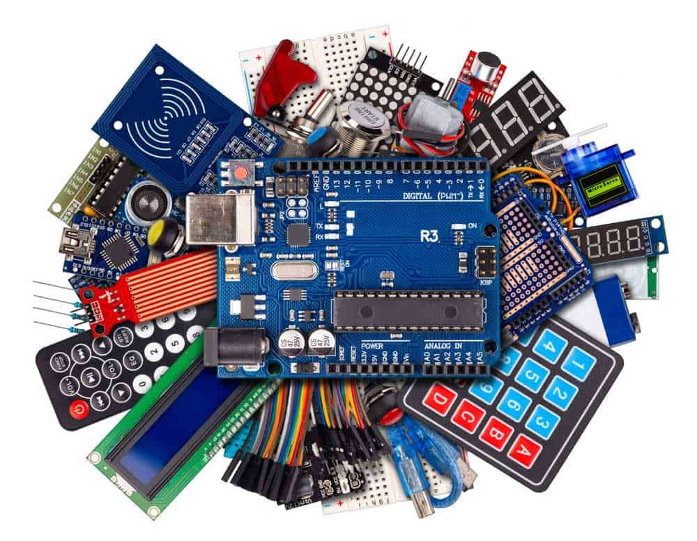 An Arduino UNO surrounded by sensors