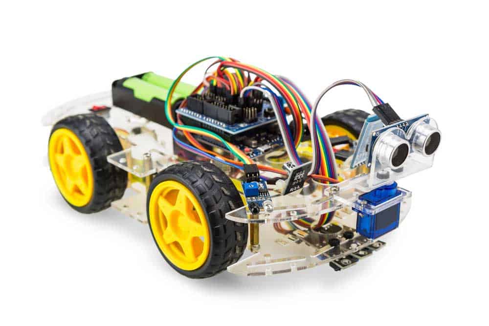 A programmable 4-wheel robot with an ultrasonic sensor at the front