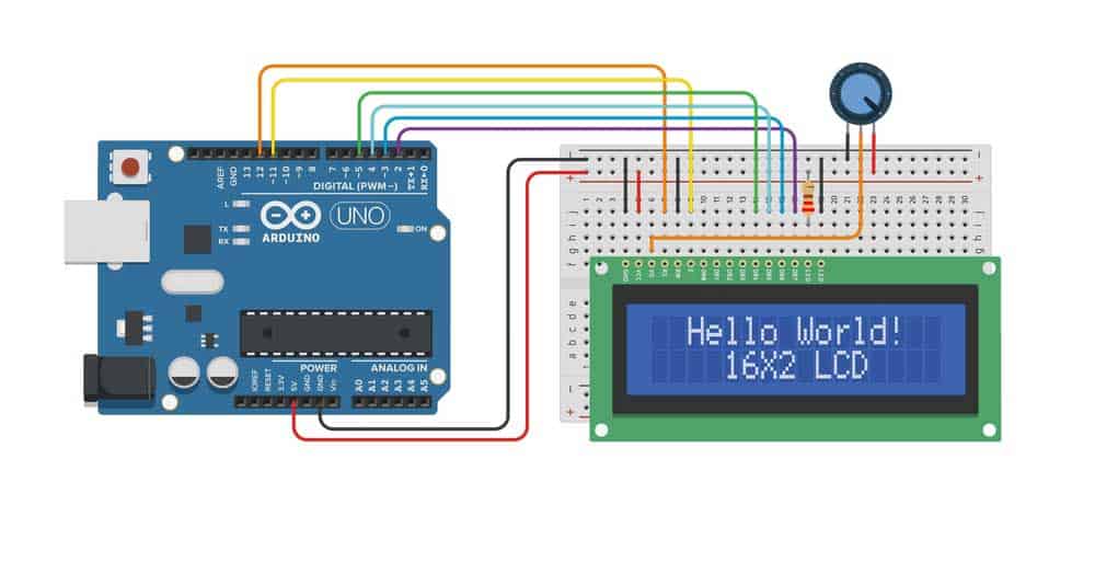 An Arduino UNO board connected to a 16x2 LCD