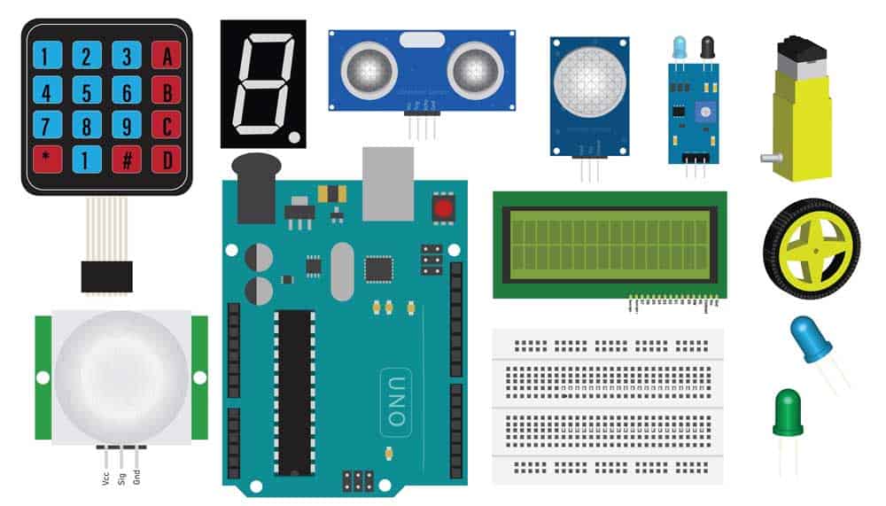 Arduino kit with sensor modules, LCD, keypad, motor, and LED.