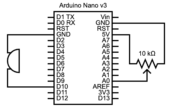 An Arduino PWM sound control (with potentiometer) project circuit diagram